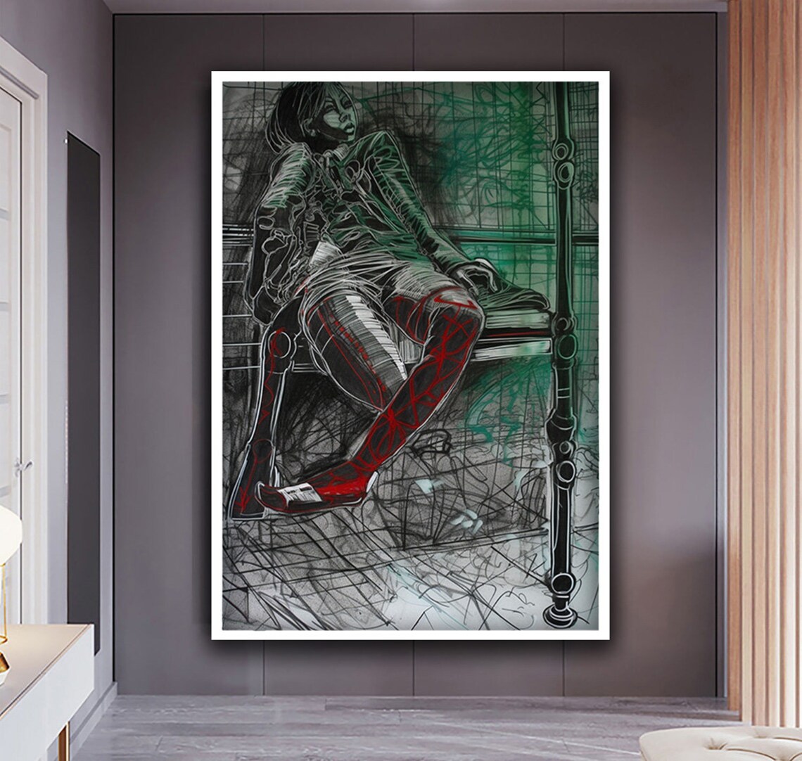 Seated Woman Sketch Bench Drawing Red Green Modern Figurative Art Poster - Image 3