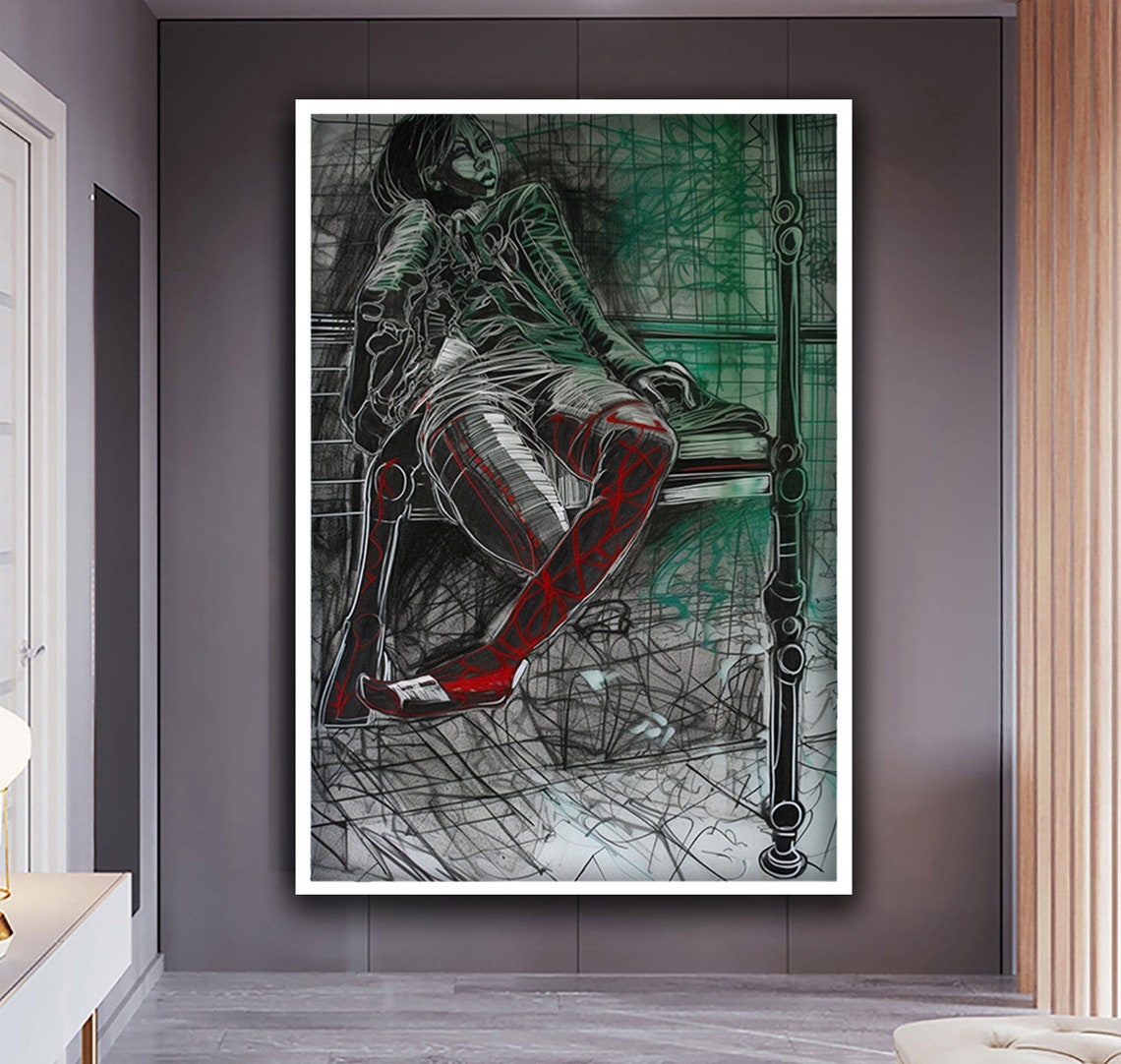 Woman Sitting On A Bench Art Woman Wall Art Modern Figurative Art Woman Portrait Art Print Gifts For Friends Modern Art - Image 3