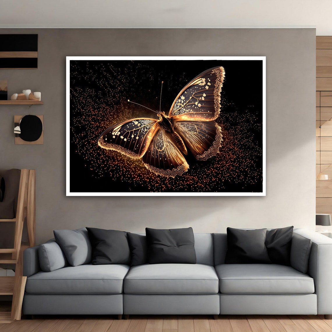 Glowing Gold Butterfly Black Background Sparkle Nature Poster - Image 3