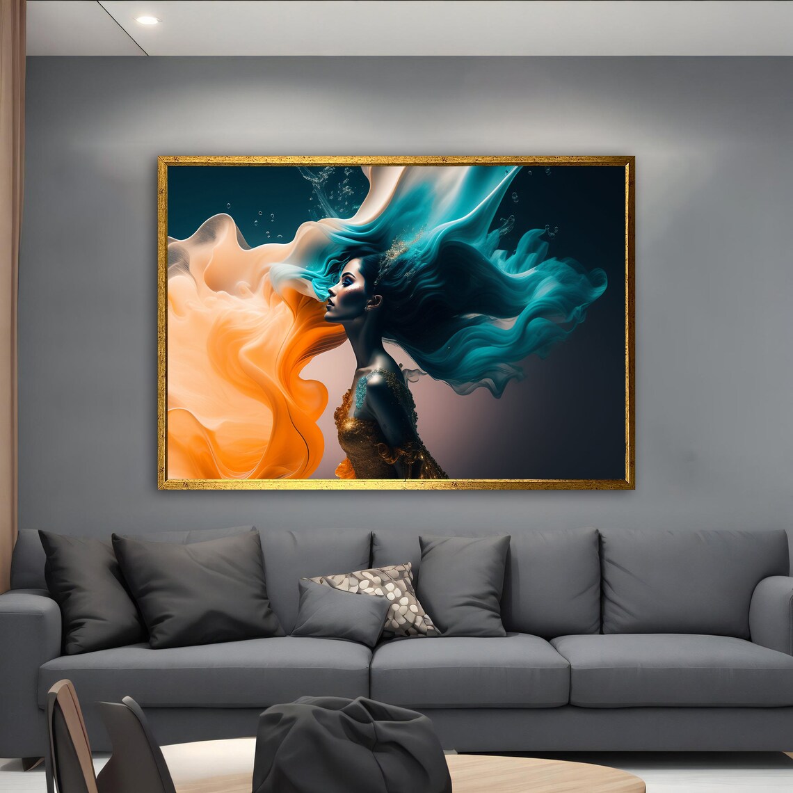 Woman Portrait with Swirling Orange and Teal Smoke Hair Fantasy Poster
