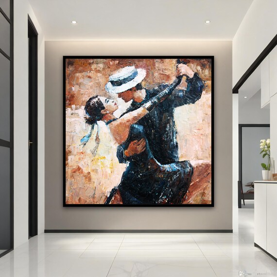Romantic Tango Dancers Impasto Oil Painting Couple Embrace Dance Art Poster