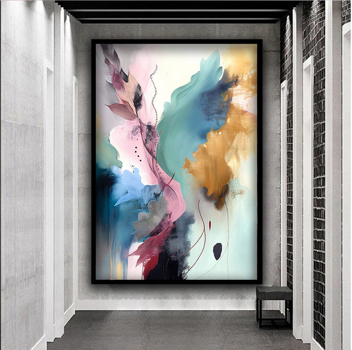 Colorful Abstract Leaves Watercolor Pink Teal Gold Wall Art Poster - Image 4