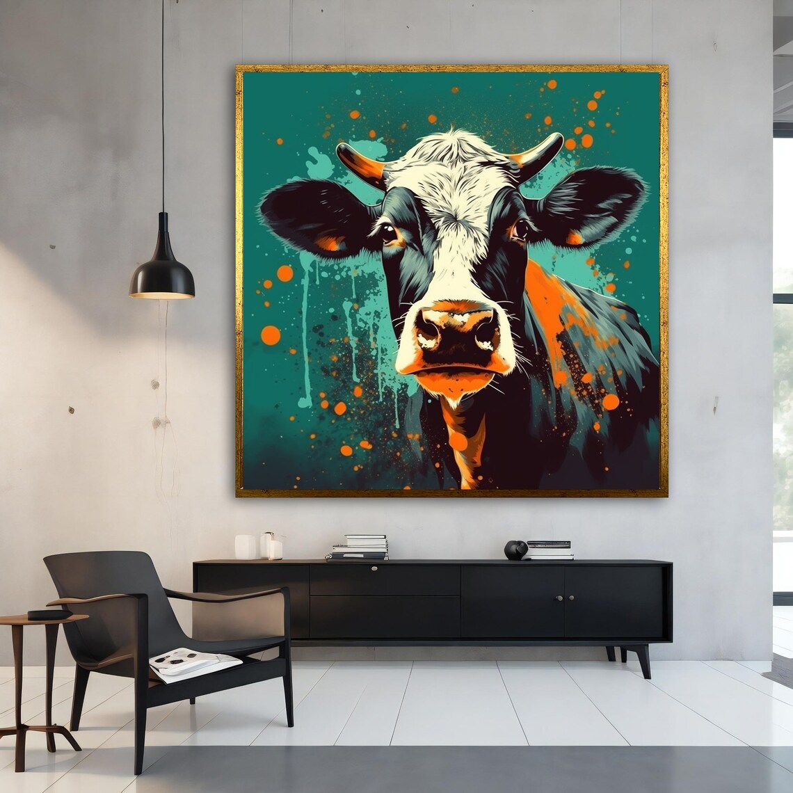 Stylish Cow Portrait Teal Background Paint Splash Modern Farm Poster - Image 3