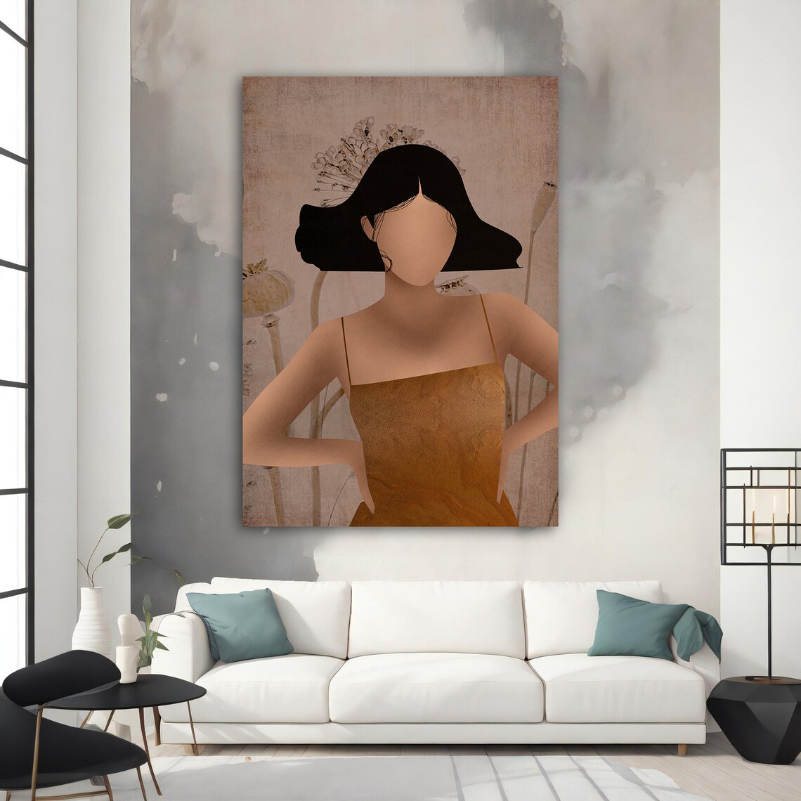 Faceless Woman Rust Dress Botanical Minimalist Beige Portrait Wall Art - Image 2