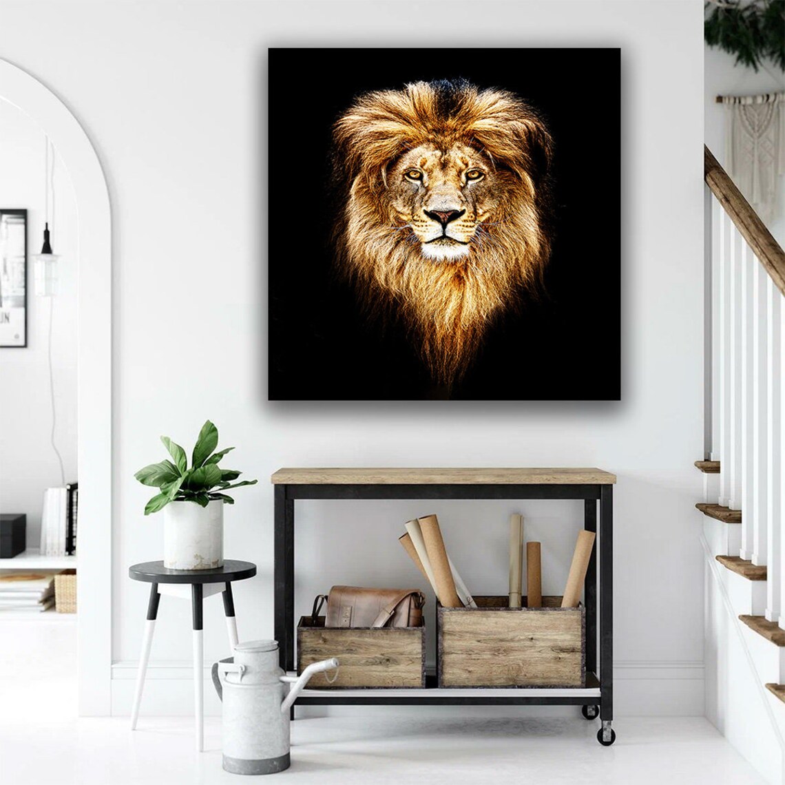 Majestic Lion Portrait Golden Mane Black Background Photo Art Poster - Image 4