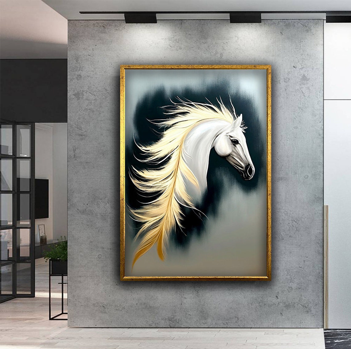 Majestic White Horse with Flowing Golden Mane on Dark Smoke Poster - Image 2