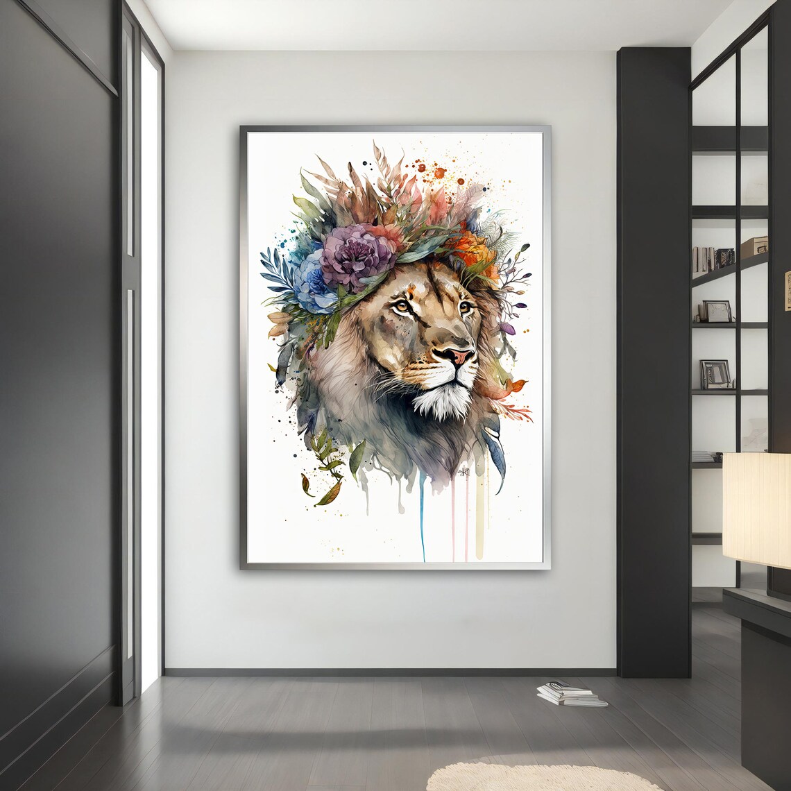 Watercolor Lion Floral Crown Botanical Soft Pastel Animal Art Wall Poster - Image 5