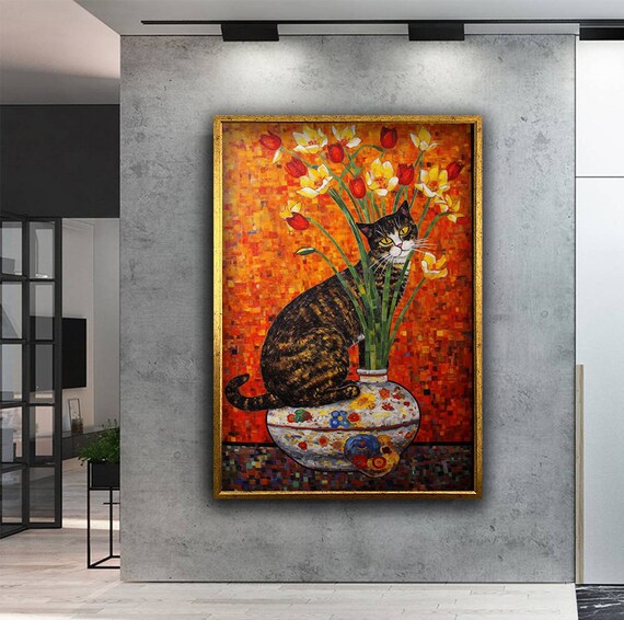 Cat On Flower Vase Tulips Mosaic Orange Background Art Poster