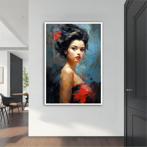 Vintage Woman in Red Dress Oil Painting Elegant Portrait Poster