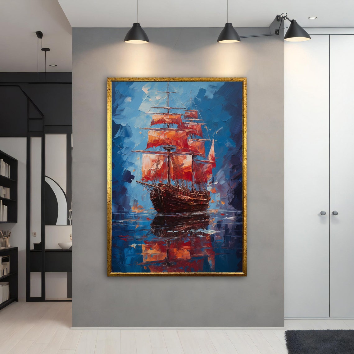 Tall Ship Red Sails Oil Painting Dramatic Deep Blue Sea Art Poster - Image 4