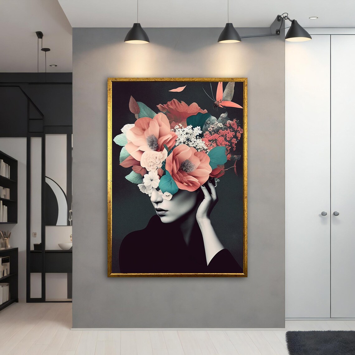 Woman Coral Flower Bouquet Face Black Background Floral Wall Art - Image 3