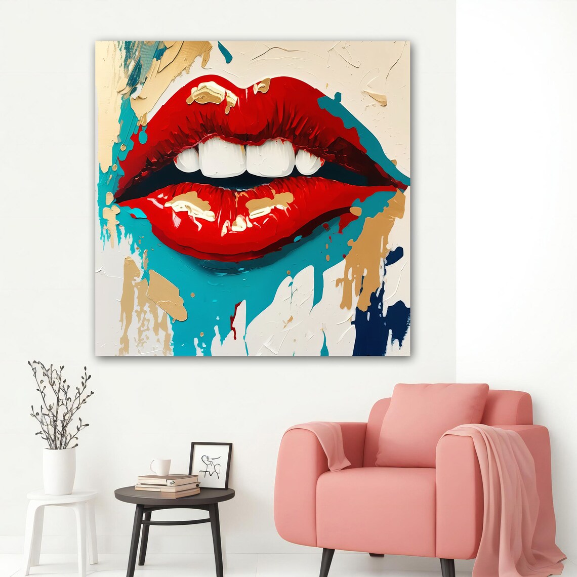 Red Lips Pop Art Painting Teal Splash Bold Glamour Art Poster - Image 2