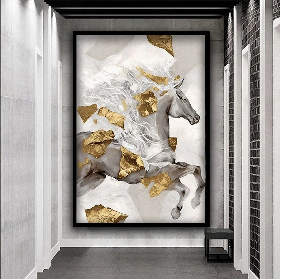White Horse Wall Art Gold Detailed Wall Art Running Horse Print Horse Painting Farmhouse Art Print Animal Art - Image 2