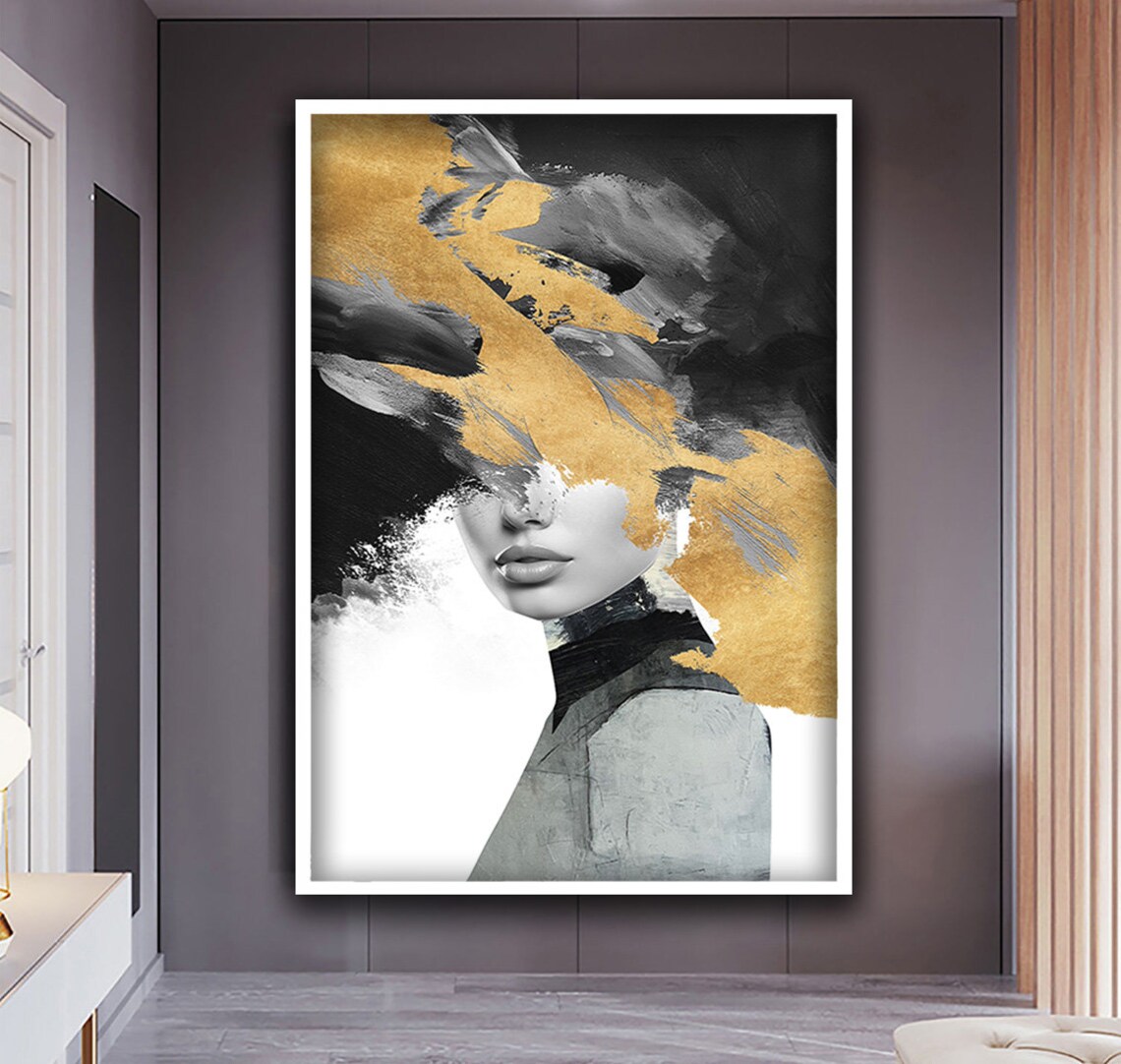 Abstract Woman Portrait in Black Gold and White Bold Brushwork Poster - Image 2
