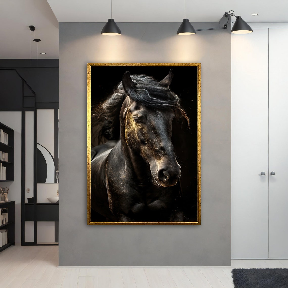 Black Horse Portrait Dark Background Golden Light Animal Poster - Image 3