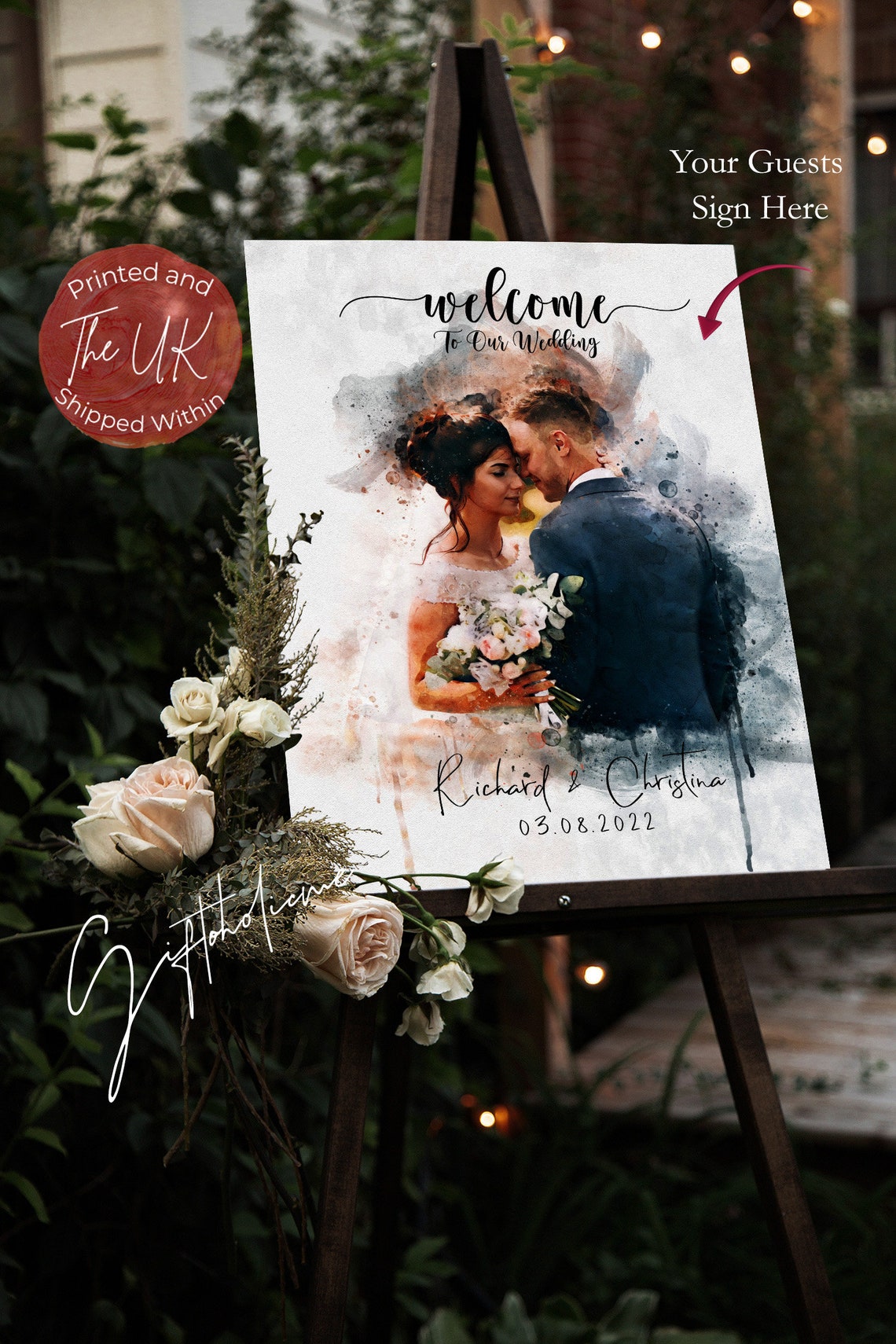 Wedding Couple Watercolour Portrait With Names and Date Script Poster - Image 4