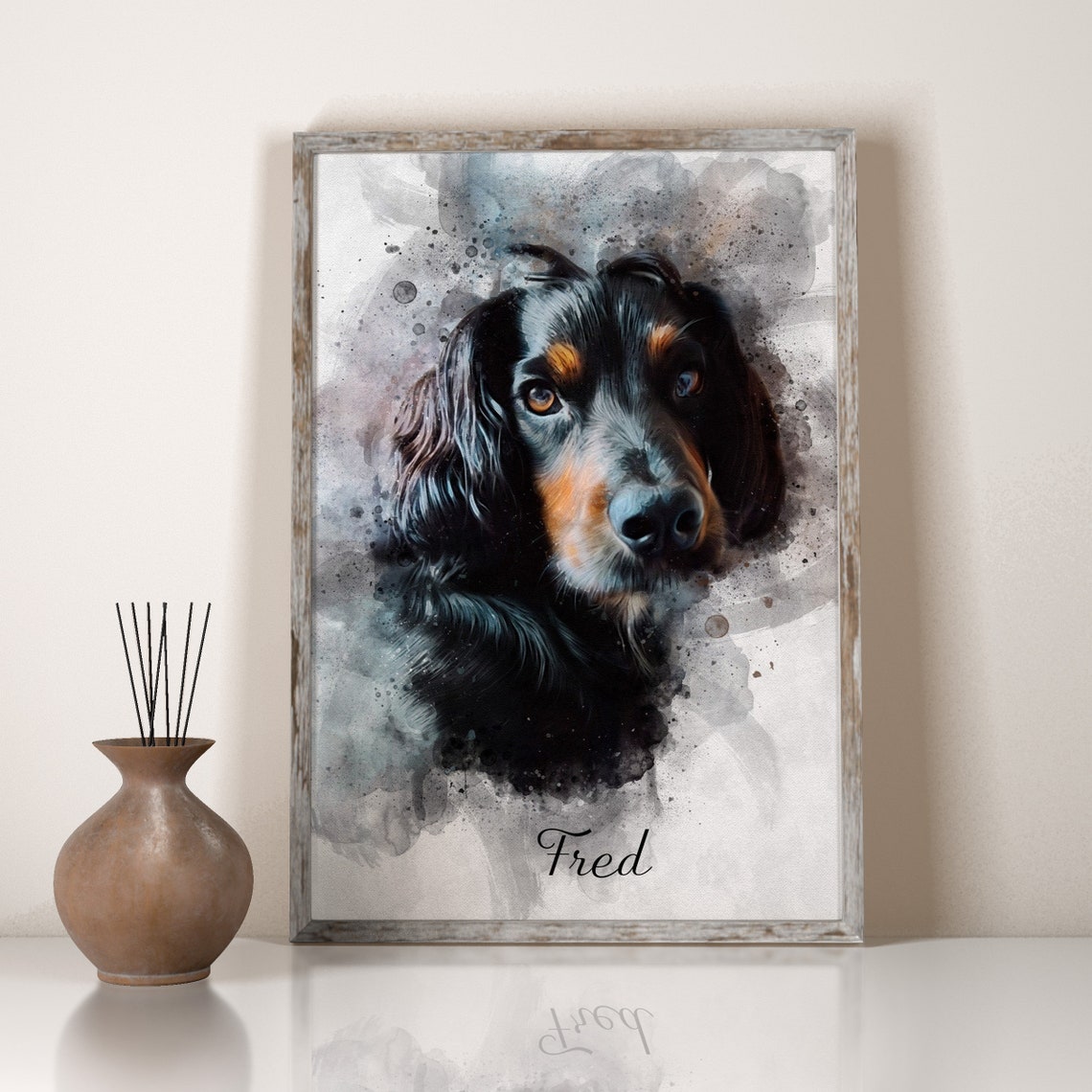 Watercolor Black Spaniel Dog Portrait Custom Pet Name Poster