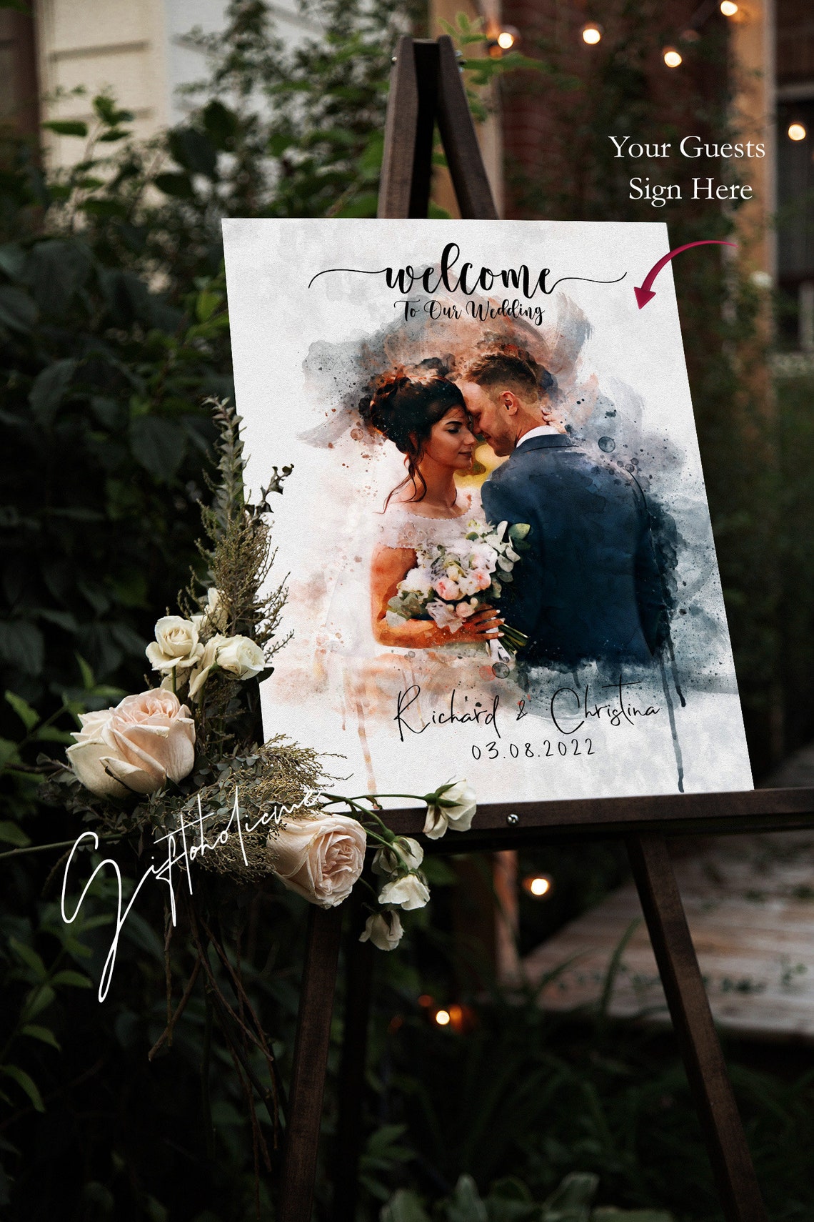 Bride and Groom Kiss Watercolor Floral Crown Wedding Names Date Poster - Image 3