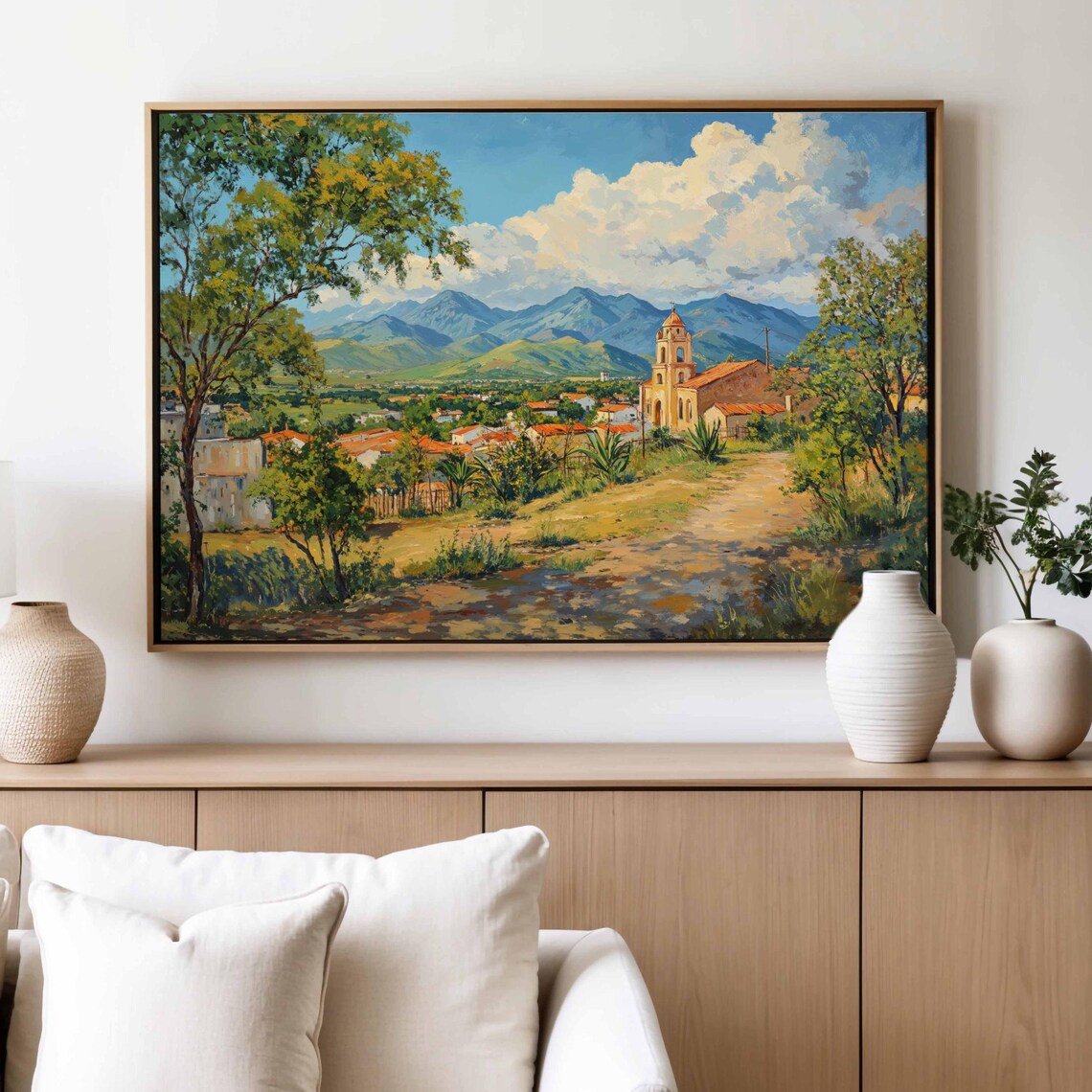 Spanish Village Church Mountain Landscape Vintage Travel Art Poster