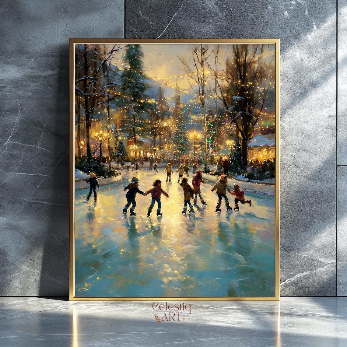 Winter Ice Skating Rink Christmas Village Lights Holiday Print