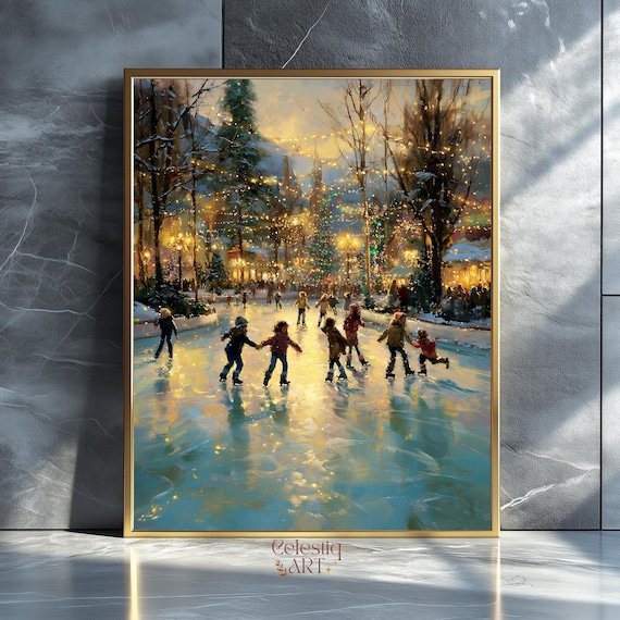 Winter Ice Skating Rink Christmas Village Lights Holiday Print