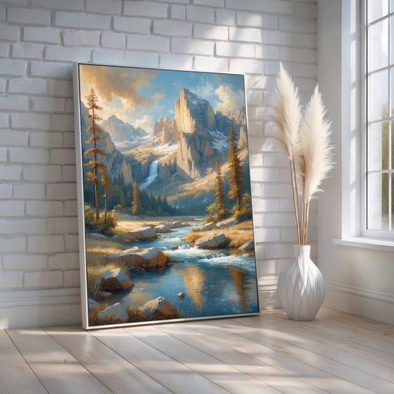 Mountain Landscape Canvas And Poster Majestic Peaks With Waterfall River Nature Wall Art For Cabin Lodge Or Home Ready To Hang