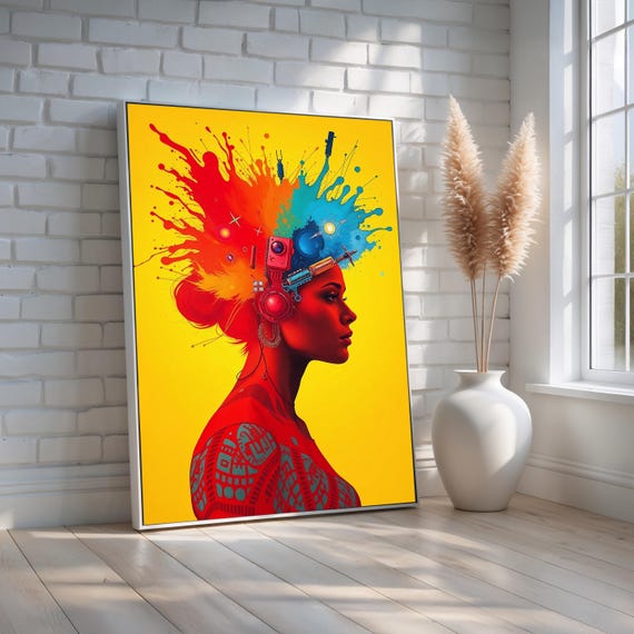 Tech Explosion Portrait Canvas Futuristic Abstract Woman Wall Art Bold Modern Colorful Ai Inspired Decor Ready To Hang