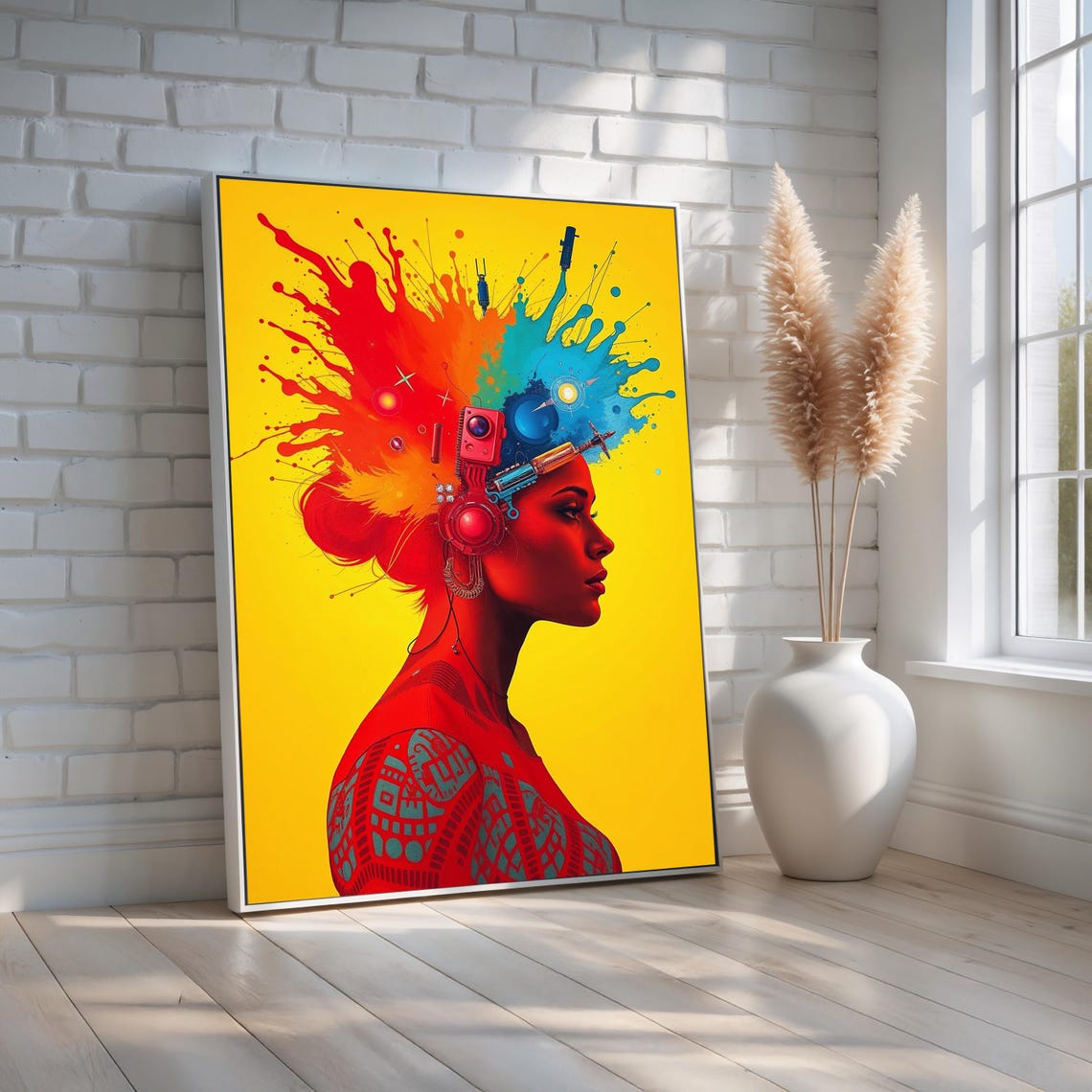 Futuristic Woman Tech Explosion Abstract Paint Splash Colorful Poster
