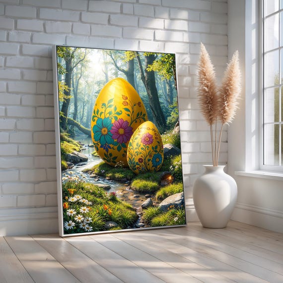 Floral Easter Egg Wall Art Whimsical Spring Forest Canvas Print With Giant Painted Eggs Vibrant Seasonal Decor Ready To Hang