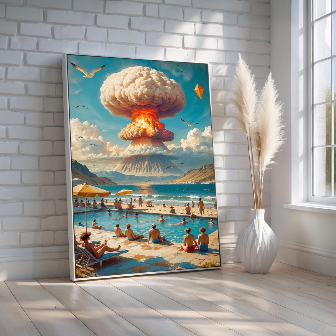 Surreal Volcano Eruption Beach Bathers Summer Dreamlike Art Poster