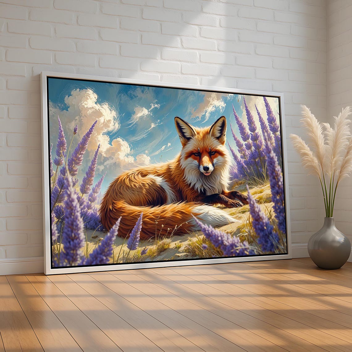 Whimsical Red Fox Lavender Field Peaceful Forest Animal Art Poster