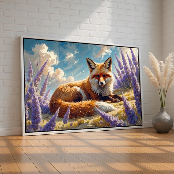 Whimsical Red Fox Lavender Field Peaceful Forest Animal Art Poster