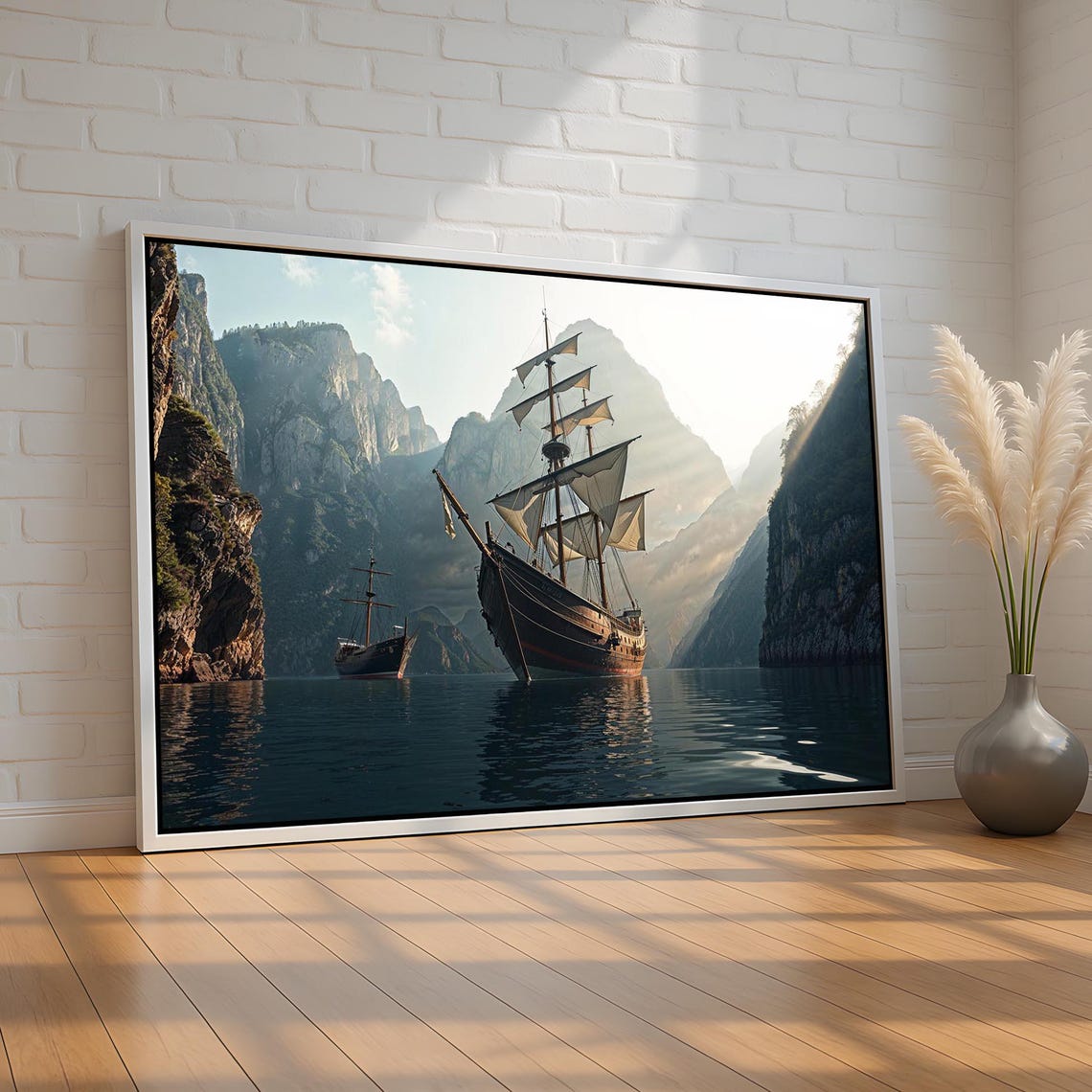 Tall Sailing Ships Mountain Fjord Golden Light Dramatic Art Poster