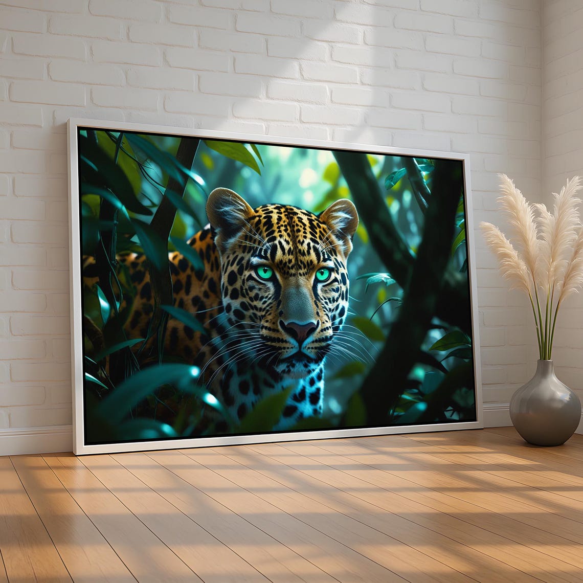 Emerald Eyed Leopard Staring From Dark Jungle Foliage Poster