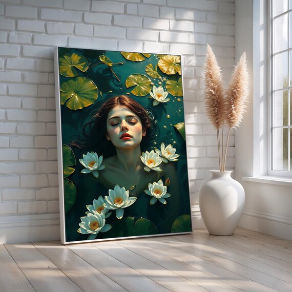 Serene Woman Water Lily Pond Dreamy Floating Portrait Mystical Poster