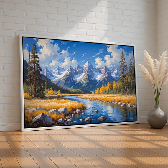 Majestic Autumn Mountains Fall River Landscape Wall Art Snowy Peaks And Golden Trees Canvas Print For Nature Lovers Ready To Hang
