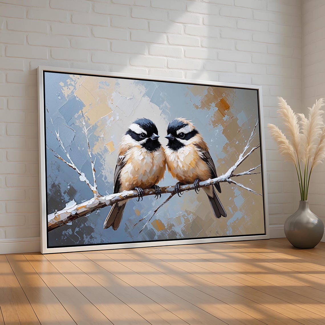 Chickadee Bird Pair Snowy Branch Vintage Winter Songbird Poster