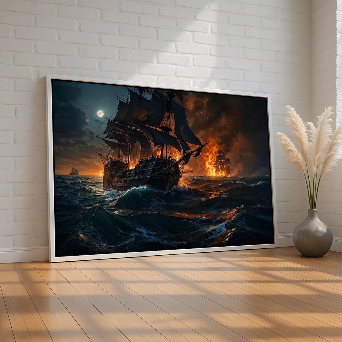 Pirate Ship Battle Art Print, Dramatic Nautical Adventure