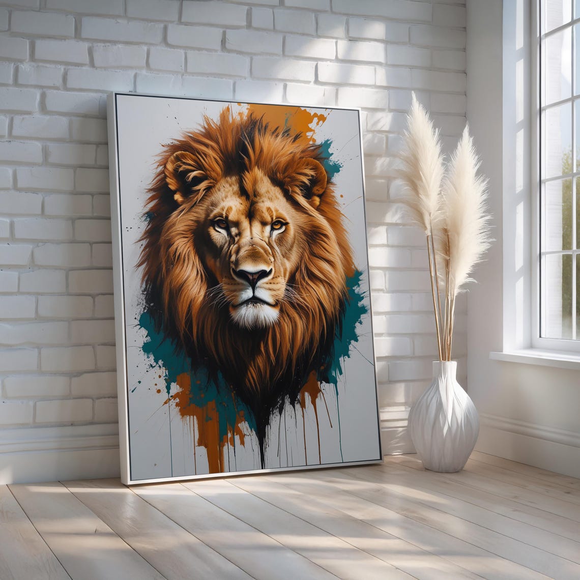 Regal Majestic Lion Portrait Paint Splash Bold Statement Wall Art