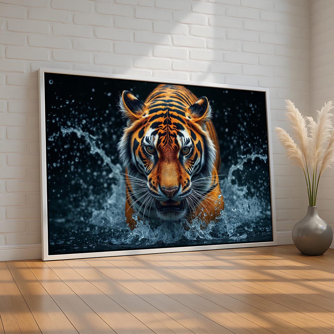 Tiger Emerging from Splashing Water Dramatic Wildlife Poster