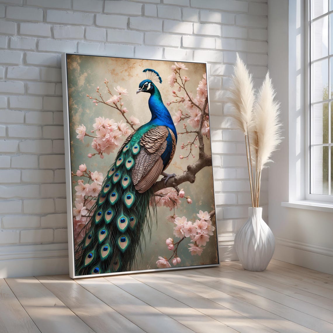 Peacock on Cherry Blossom Branch Vintage Floral Bird Art Poster