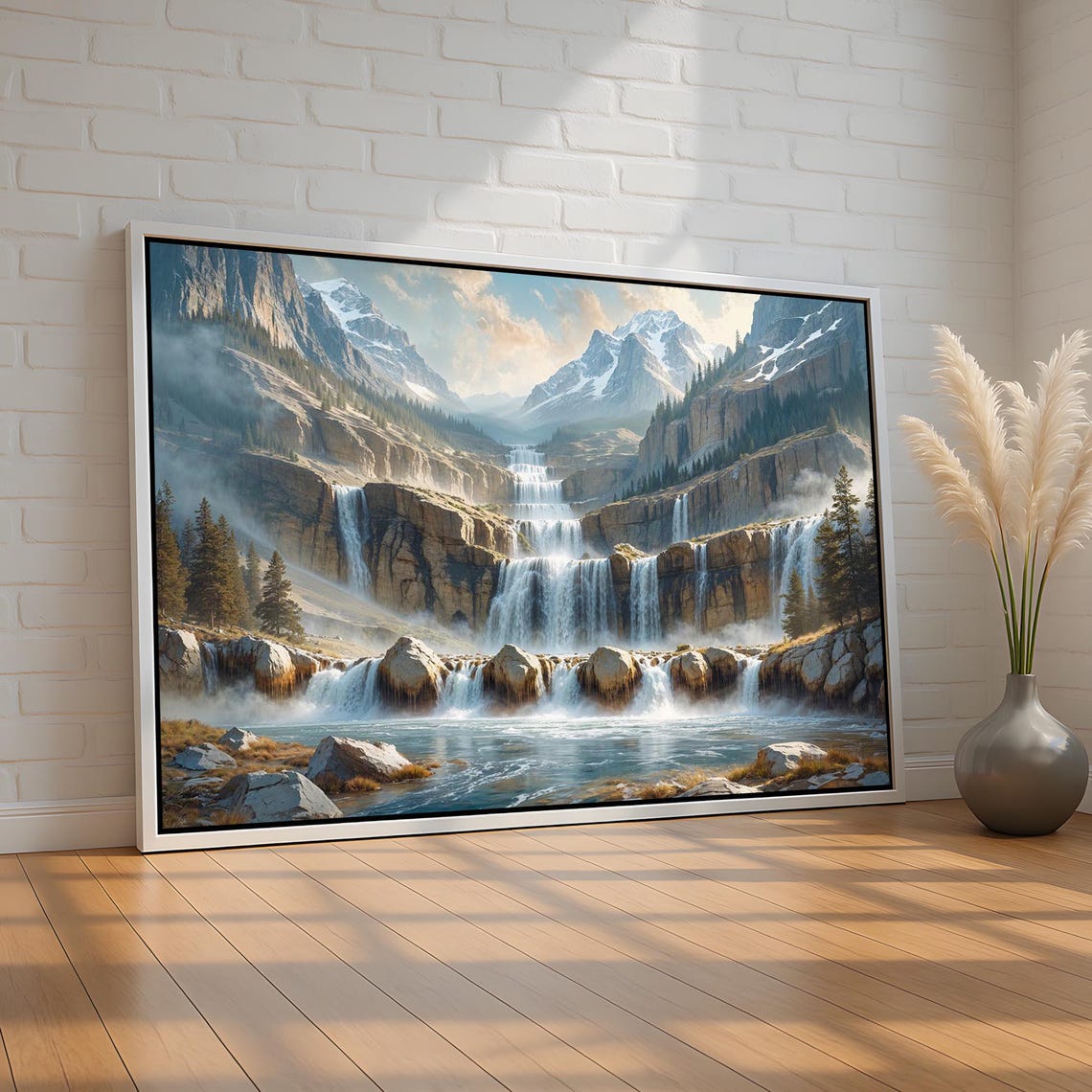 Layered Mountain Waterfalls Beneath Snowy Peaks Nature Poster