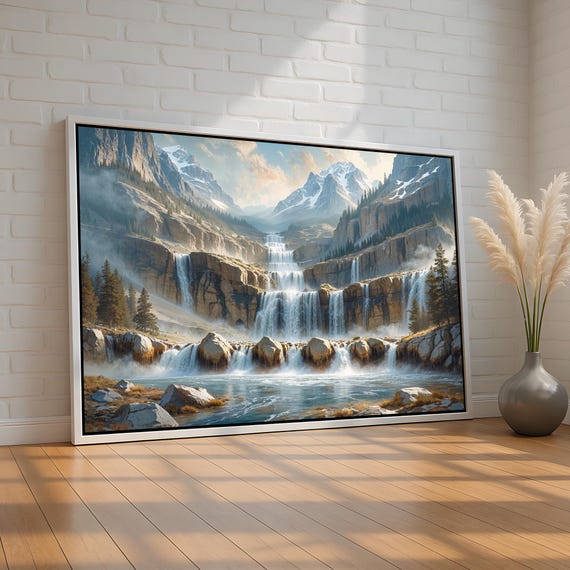 Mountain Waterfall Canvas And Poster Layered Cascading Falls Snowy Peaks Nature Wall Art For Cabin Lodge Or Home Ready To Hang
