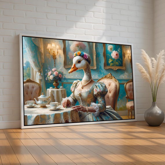 Goose Portrait Wall Art Whimsical Victorian In Dress Canvas Poster Funny Animal Tea Party Artwork For Quirky Decor Ready To Hang