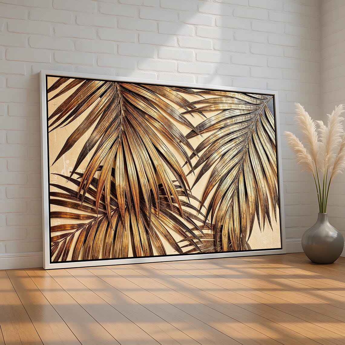 Earthy Palm Leaf Wall Art Textured Botanical Canvas In Warm Brown Gold Rustic Tropical Nature Decor For Home Ready To Hang