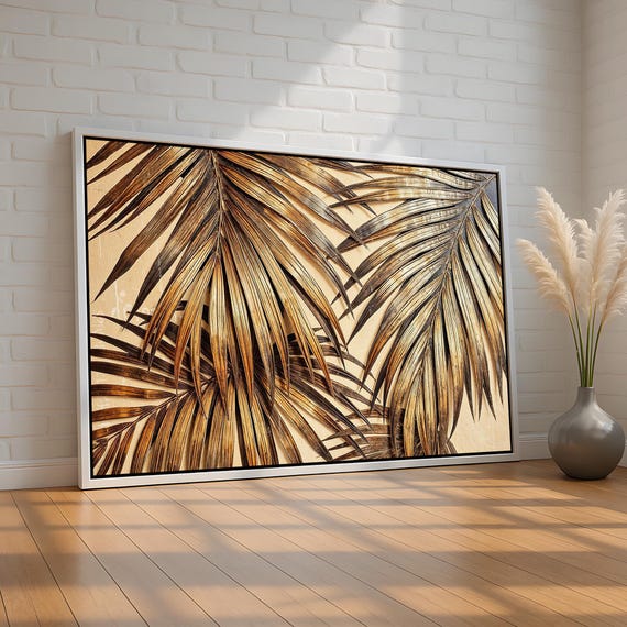 Earthy Palm Leaf Wall Art Textured Botanical Canvas In Warm Brown Gold Rustic Tropical Nature Decor For Home Ready To Hang