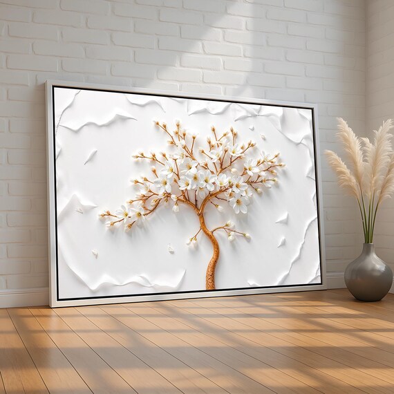 White Cherry Blossom Tree Minimalist 3D Floral Textured Art Poster