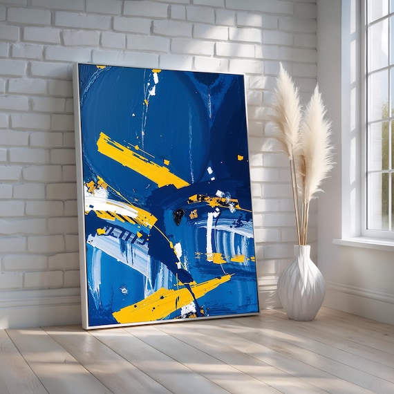 Blue And Yellow Abstract Canvas Wall Art Bold Modern Geometric Painting Print Contemporary Home Or Office Decor Ready To Hang