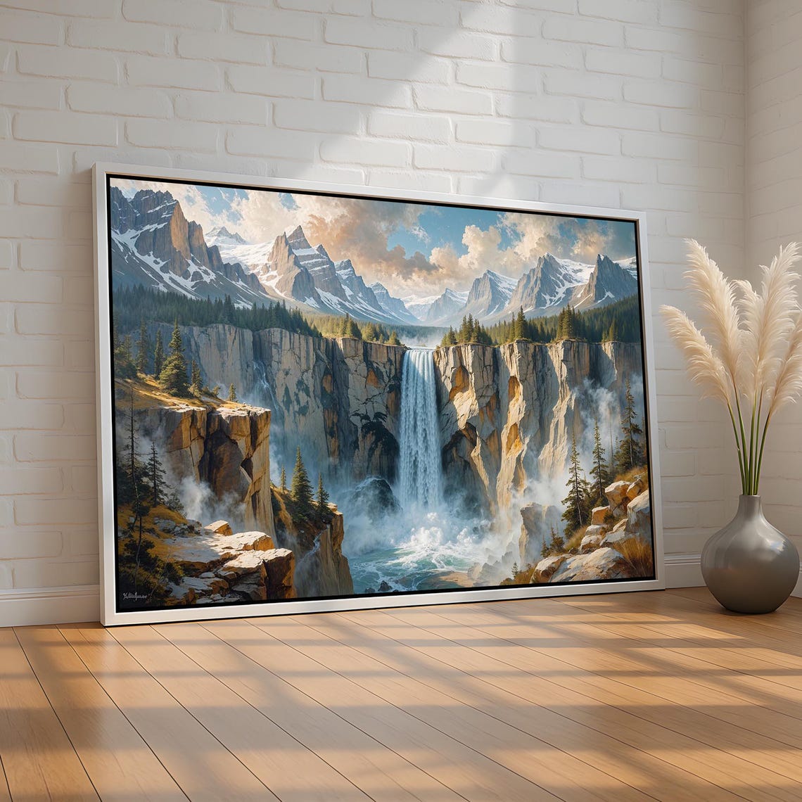 Majestic Mountain Waterfall Cliff Snow Peak Landscape Art Poster