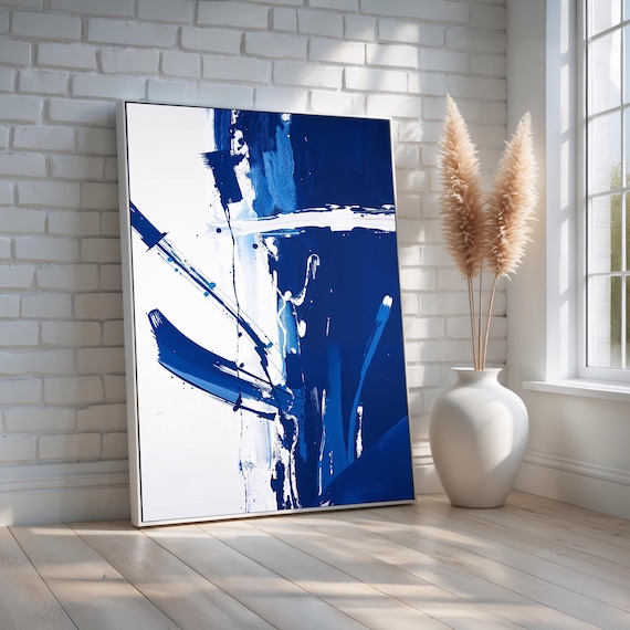 Modern Abstract Blue And White Wall Art Bold Minimalist Brushstroke Canvas Navy Ink Contemporary Painting Ready To Hang